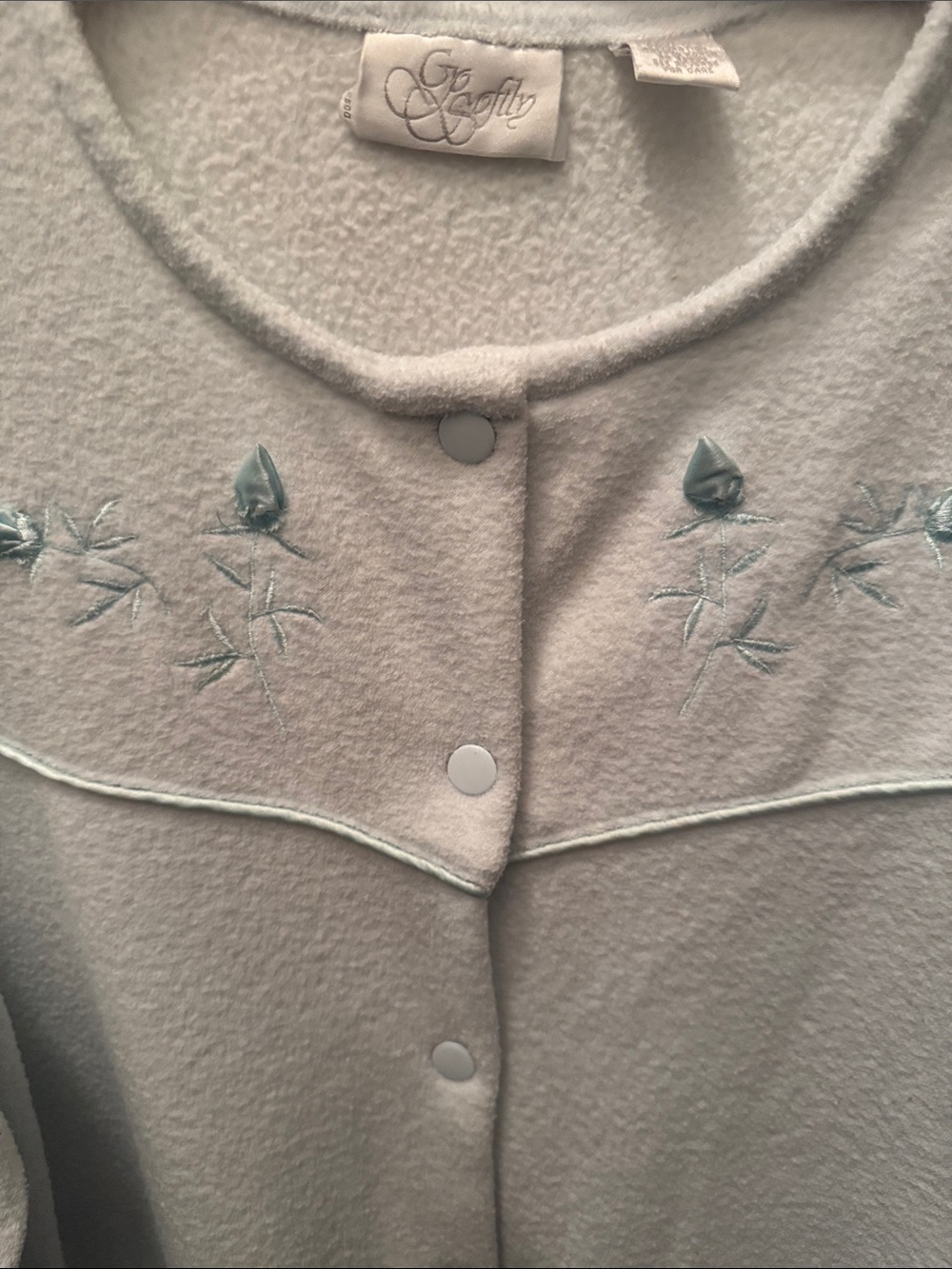 EUC Bed Jacket Light Seafoam Fleece Button-Up Top with Embroidered Detail - Picture 7 of 8